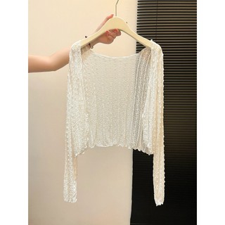 [Vải ren] Áo len Cardigan chống nắng màu trắng họa tiết gợn sóng dành cho nữ Khăn choàng bên ngoài Áo ren mỏng