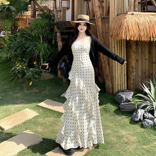 Đầm hai dây chấm bi kiểu Pháp, váy dự tiệc viền ren vạt bèo dáng thiết kế tiểu thư sang chảnh đi biển du lịch dạo phố