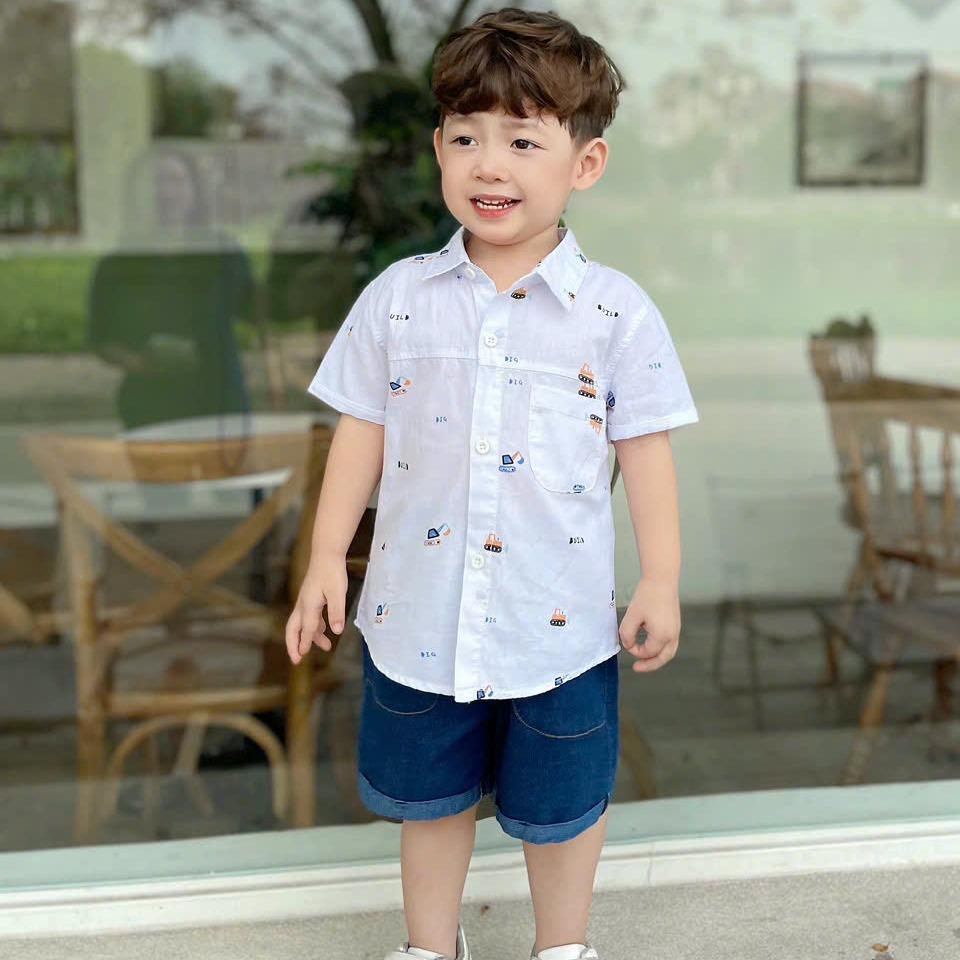 Bộ quần áo SƠ MI IN HÌNH HỌA TIẾT OTO MÁY XÚC cho bé trai, áo chất SƠ MI mềm mát , quần Bò mềm thoải mái cho bé
