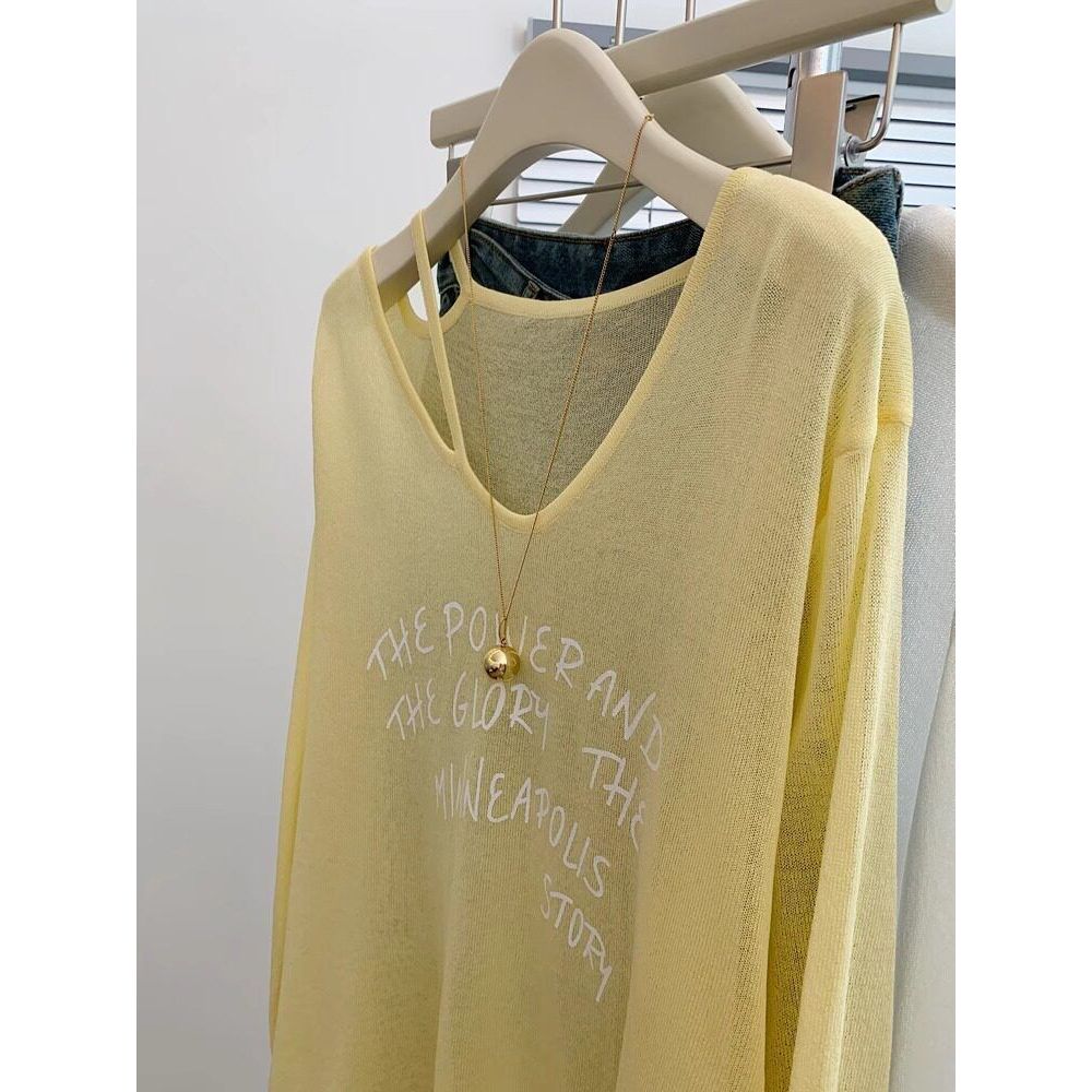 Milyfashion Island Kỳ nghỉ giải trí Kem chống nắng dài tay mỏng t Off-Shoulder Hơi trong suốt Dopamine Top