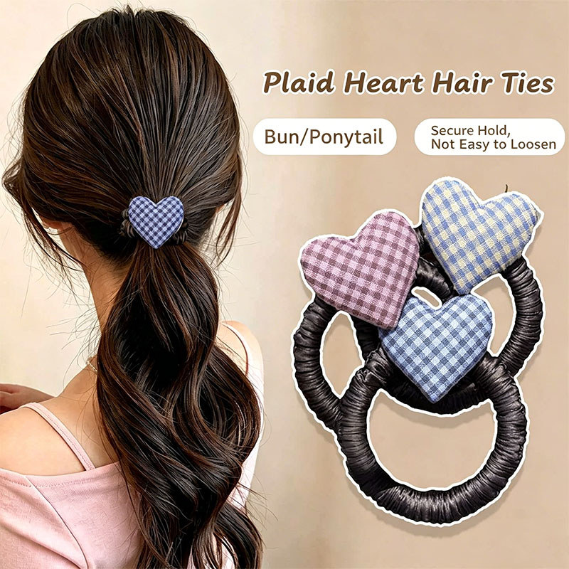 Dây buộc tóc trái tim kẻ sọc, Dây buộc tóc thun trái tim bằng vải ca rô dễ thương, Dây buộc tóc co giãn an toàn không trượt cho nữ