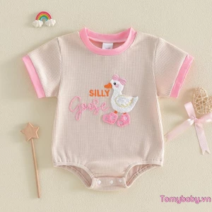Bộ áo liền quần bé gái mùa hè thêu chữ ngỗng cổ tròn tay ngắn Bộ đồ liền thân có vách ngăn dễ thương