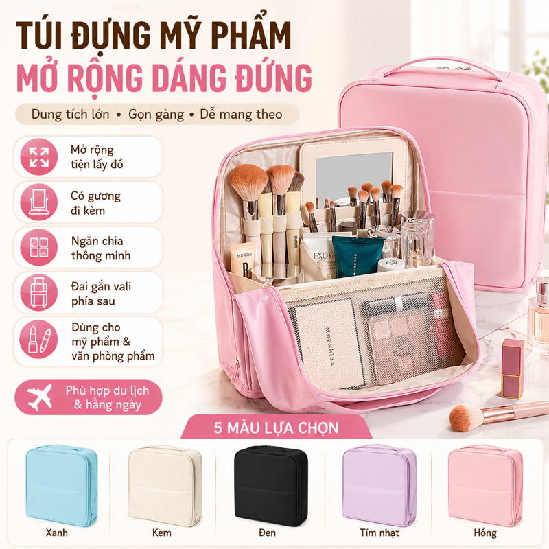 Túi Đựng Bút & Mỹ Phẩm Đa Năng Di Động – Dung Tích Lớn, Phân Vùng, Chống Thấm, Kèm Gương, Quai Xách, Du Lịch