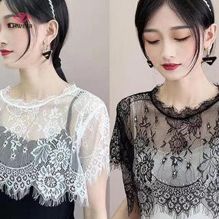 Áo sơ mi nữ có cổ giả tháo rời, thiết kế ren hoa sheer ngọt ngào
