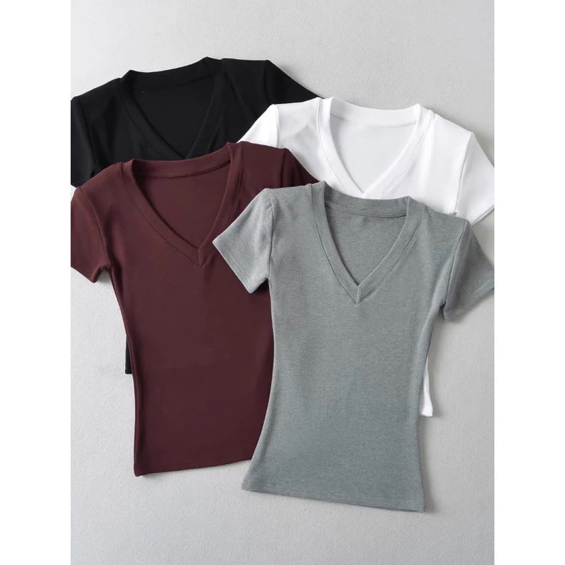 ÁO Thun Cộc cổ tim tay ngắn ôm body cotton tăm phong cách Hàn Quốc tôn dáng nữ M998 Kenco clothing