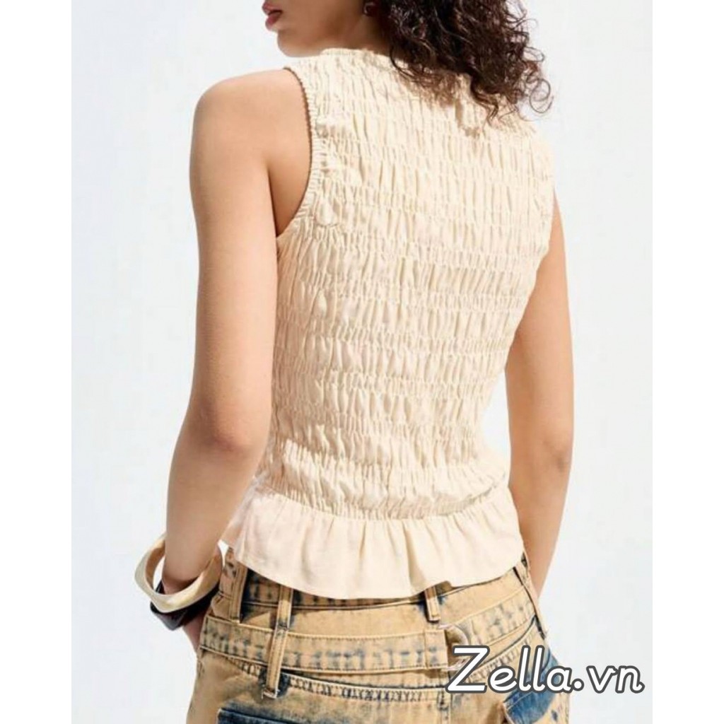 Áo sơ mi nữ mùa hè, thiết kế smocktank tops viền xù không tay, phù hợp làm áo vest cơ bản