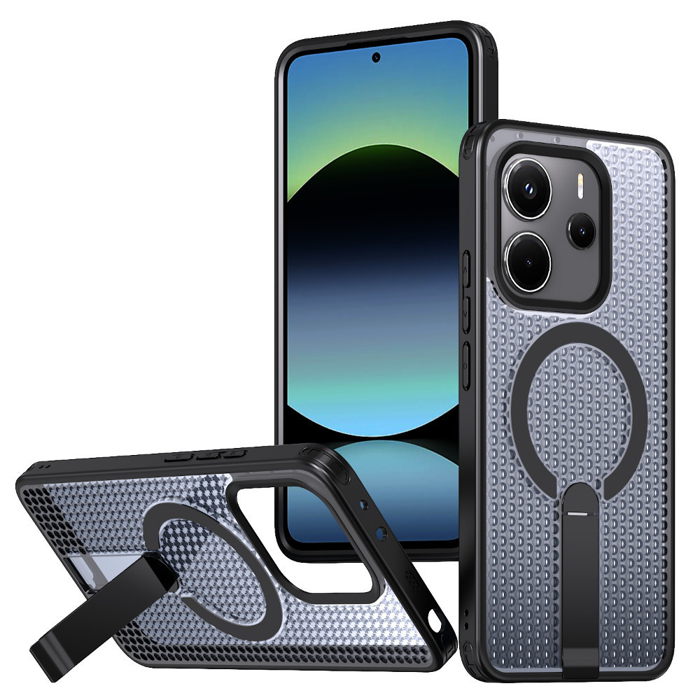 Ốp điện thoại có giá đỡ thẳng đứng bằng kim loại có kết cấu tản nhiệt 3D cho Redmi Note 14 13 12R PRO PROPLUS A5 14C 13X 13 12 Turbo4 4G 5G Vỏ từ tính