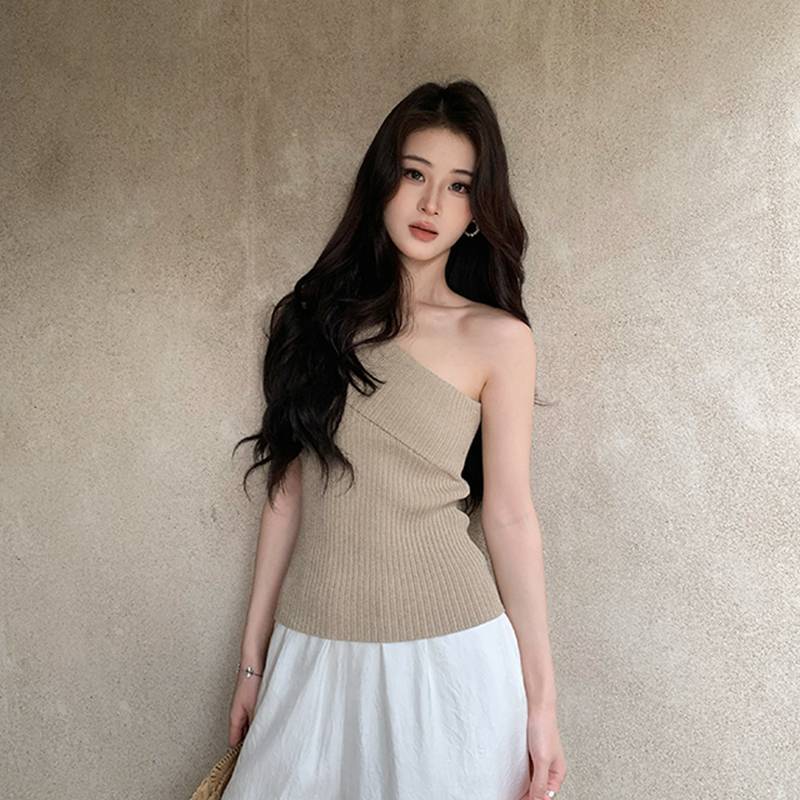 Springevenstar Không Đều Một Vai Tắt Vai Áo Vest Thiết Kế Không Tay Họa Tiết Màu Trơn Đa Năng Mặc Vải Co Giãn Cao Springevenstar