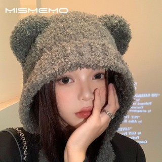 MISMEMO Tai Gấu Dễ Thương Mũ Len Nữ Thu Đông Đầu Lớn Chu Vi Mặt Nhỏ Mũ Dệt Kim Phiên Bản Hàn Quốc Mũ Bảo Vệ Tai Ấm Áp