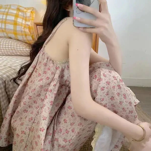 Bộ đồ ngủ mùa hè dành cho nữ VN, Váy ngủ họa tiết hoa màu trơn cổ điển, có miếng đệm ngực.