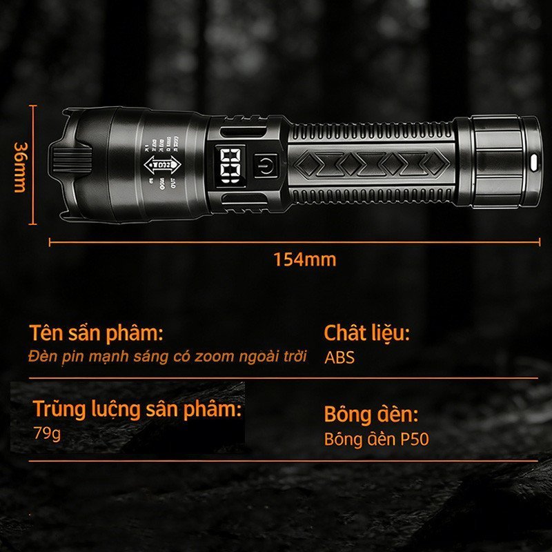 Đèn pin siêu sáng, chống nước IPX7, sạc nhanh USB, thời lượng pin dài, kích thước nhỏ gọn, dễ mang theo, bền bỉ.