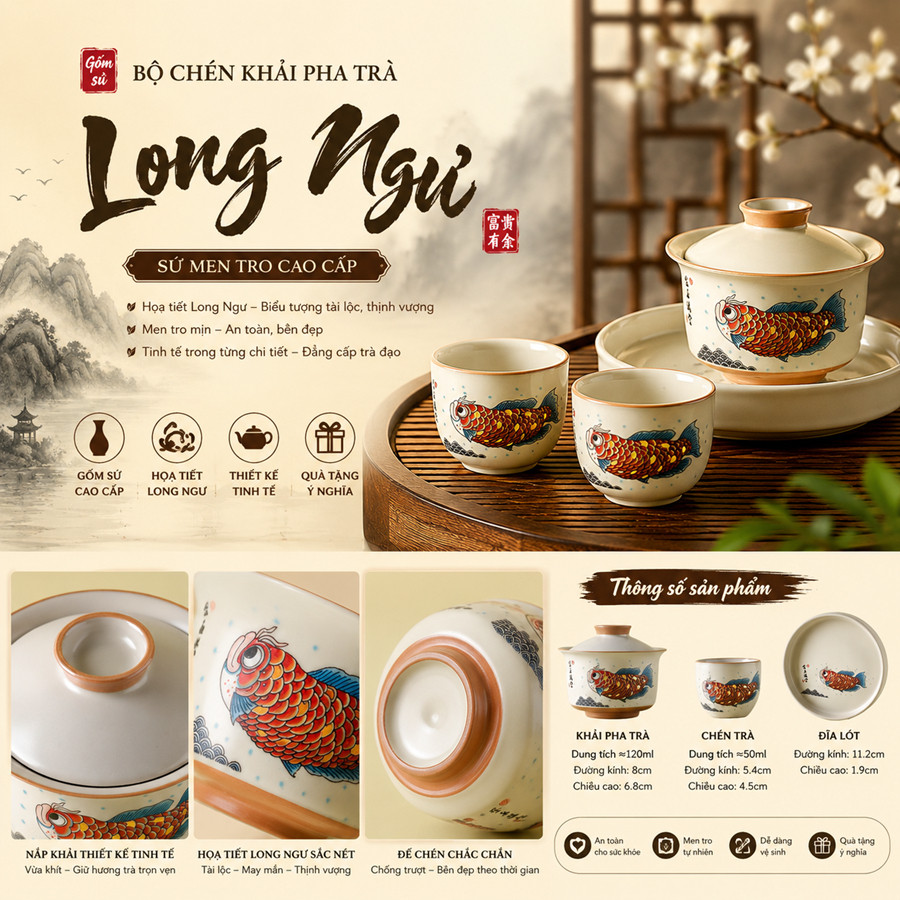 BỘ CHÉN KHẢI PHA TRÀ LONG NGƯ – GỐM SỨ MEN TRO CAO CẤP