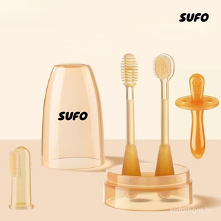 [SUFO] Bộ 5 dụng cụ silicone cho bé: bàn chải, cạo lưỡi, mordedor, dedeira, 0-3 tuổi