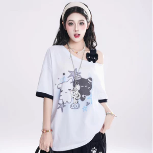 Ngọt Ngào Phong Cách Nhà Mèo Con In Hình xiên Vai Ngắn Tay Áo Thun Nữ Thiết Kế Giảm Tuổi Áo Thun Rời Thường Ngày Top 5.19