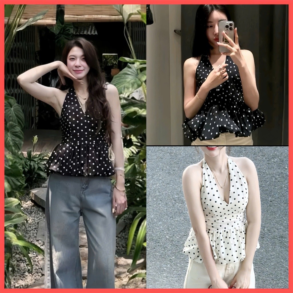 Áo yếm chấm bi nữ Có Mút dáng xòe, áo yếm buộc cổ hở lưng phong cách tiểu thư đi biển hottrend