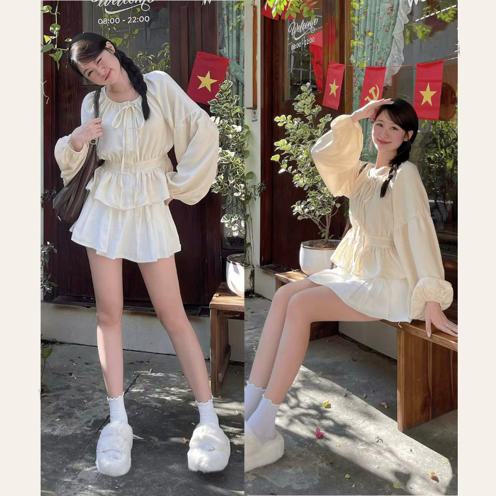 Áo Sơ Mi Cổ Nơ Tay Bồng Thân Bo Eo Chun Lưng Chất Đũi A3168 Kenco clothing.saigon Thời Trang Nữ
