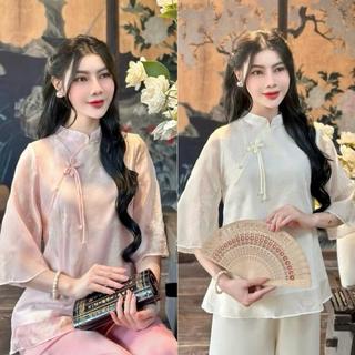 Set Lam Diện Tết Lễ Phật Ngày Đầu Năm Chất Tơ Voan Thêu 2 Lớp Đính Ngọc Phối Nơ Nhí Ld_Store Fashion
