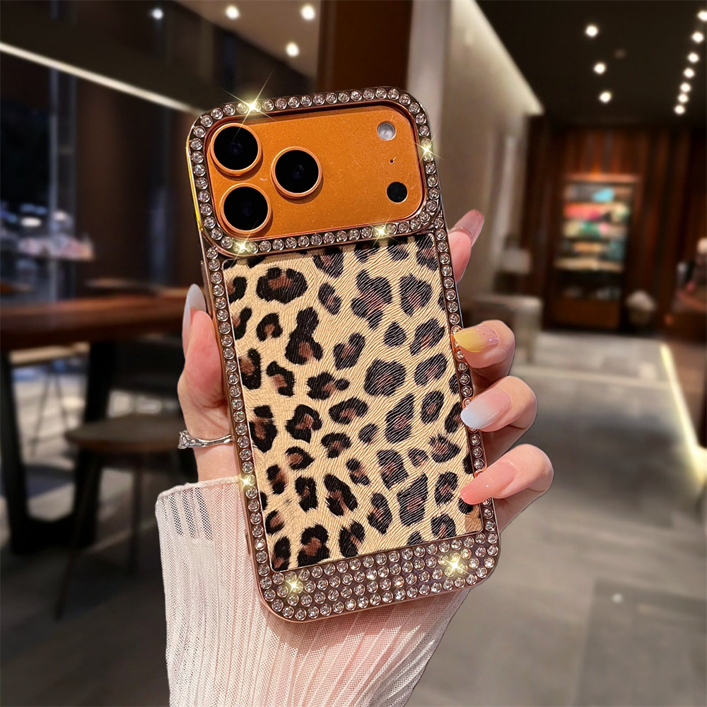 Ốp điện thoại họa tiết da báo Flash Diamond cho iPhone 17 Pro Max 13 14 15 16 Pro Max Bảo vệ ống kính chống rơi Vỏ mềm bảo vệ điện thoại