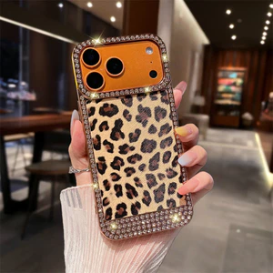 Ốp điện thoại họa tiết da báo Flash Diamond cho iPhone 17 Pro Max 13 14 15 16 Pro Max Bảo vệ ống kính chống rơi Vỏ mềm bảo vệ điện thoại