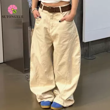 SUTONGXUE Quần Jean Denim, Quần Jean Ngôi Sao Cao Cấp Nữ Y2k, Quần Áo Nữ Baggy Retro Ống Rộng Quần Cao Bồi Nữ