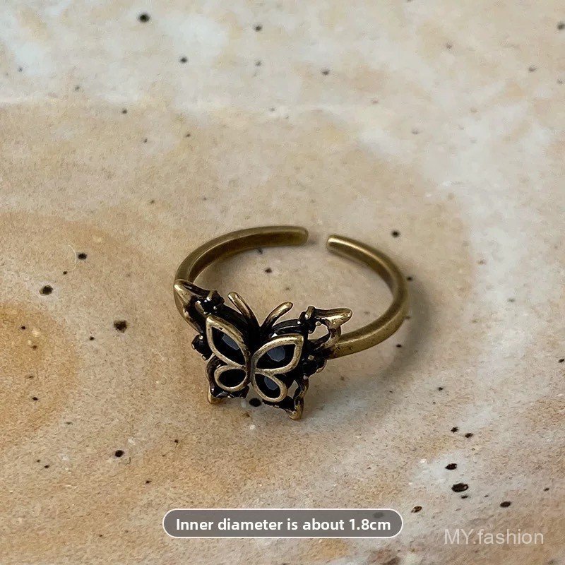 Nhẫn zircon đen hình bướm phong cách đen tối, thiết kế mở dễ dàng điều chỉnh, phù hợp làm quà tặng cho mọi người