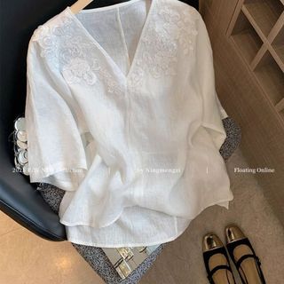 Phong Cách Trung Hoa Rời Kích Thước Lớn Hoa Trắng Thêu Cổ Chữ v Áo Sơ Mi Tay Ngắn Cao Cấp Thường Ngày Nữ Mùa Hè 2026 Phong Cách Mỏng Đơn Giản Độc Đáo Tất Cả Trận Đấu Retro Top