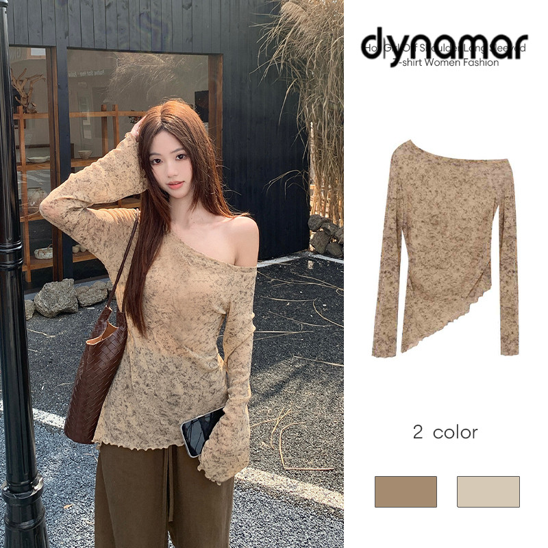 【dynamar】Hàng Có Sẵn-Áo thun dài tay trễ vai kiểu dáng ôm sát, vạt áo bất đối xứng, phong cách thời trang dành cho nữ.