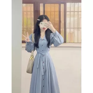 Váy mùa xuân phong cách nhẹ nhàng dài tay kiểu Pháp Preppy nhỏ tươi mát Giảm tuổi đi lại Cổ áo polo phù hợp Váy dài