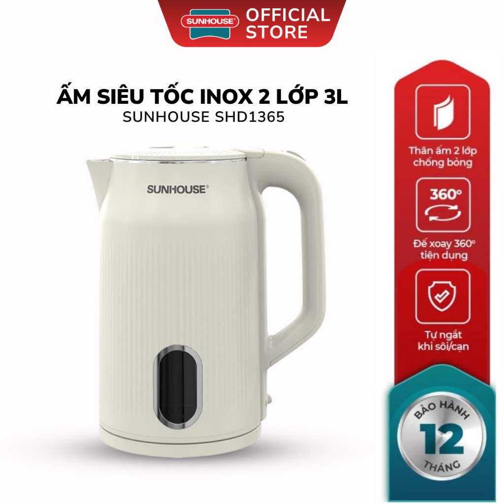Ấm Siêu Tốc Inox 2 Lớp 3L Sunhouse SHD1365 - Bảo Hành 12 Tháng, Tự Động Tắt Khi Sôi, Công Suất 1700W