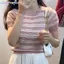 Khung Ảnh Mùa Hè Mới Thời Trang Sọc Tay Ngắn Màu Trơn Đa Năng Giảm Tuổi Giảm Béo Dệt Kim Top Áo Thun VN