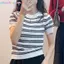 Khung Ảnh Mùa Hè Mới Thời Trang Sọc Tay Ngắn Màu Trơn Đa Năng Giảm Tuổi Giảm Béo Dệt Kim Top Áo Thun VN