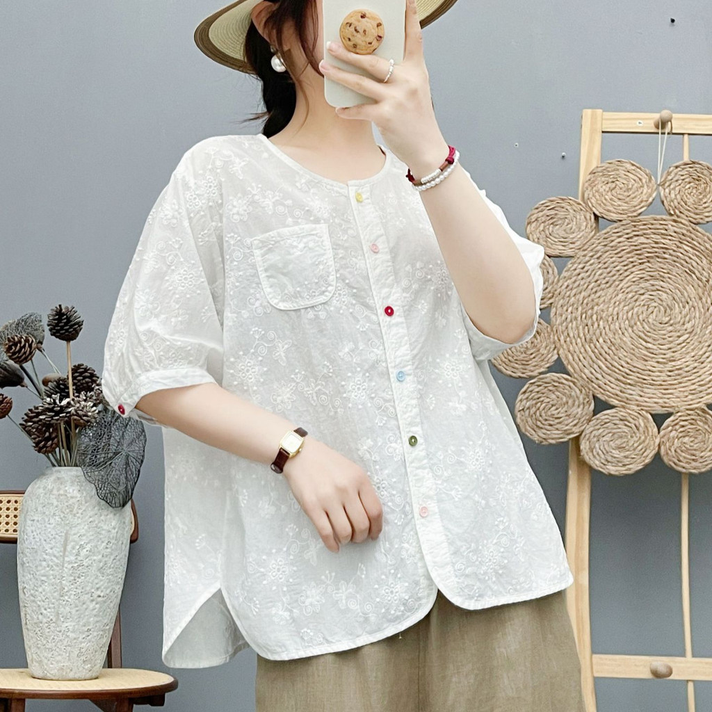 [Sẵn sàng] Áo sơ mi nữ Cotton chất lượng cao Nút màu thêu Jacquard tay ngắn dáng rộng Áo sơ mi ren công nghiệp
