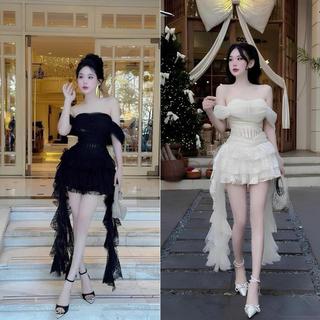 ￼Đầm Váy Tơ Trễ Vai Cúp Ngực Phối Chân Váy Ren Tua Rua Nhiều Tầng Phong Cách Tiểu Thư Sexy Sang Chảnh Ld Strore Fashion