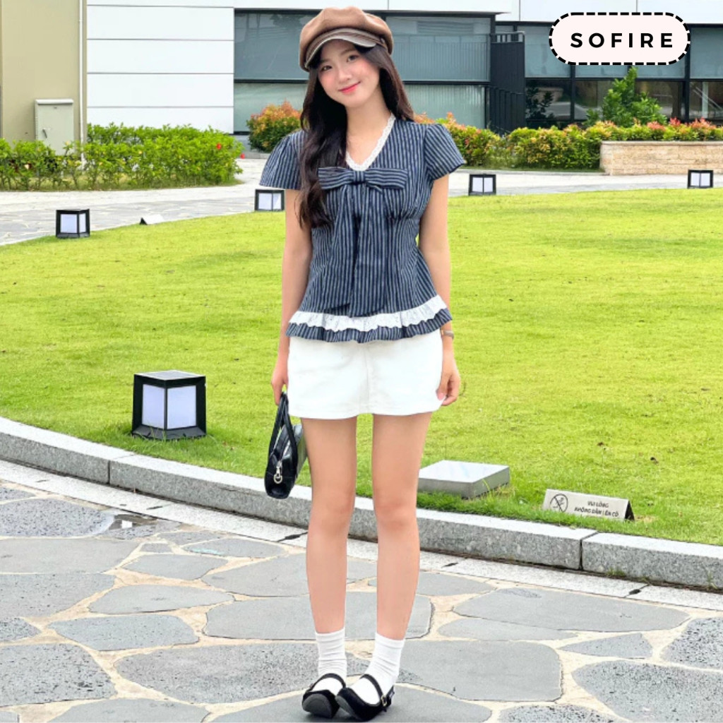 Áo Sơ Mi Kẻ Sọc Cổ Tim Kèm Nơ To Phối Ren Xinh Xắn Sofire, Áo Kiểu Nữ Viền Bèo Gấu Dễ Thương Thời Trang Mùa Hè -NT1