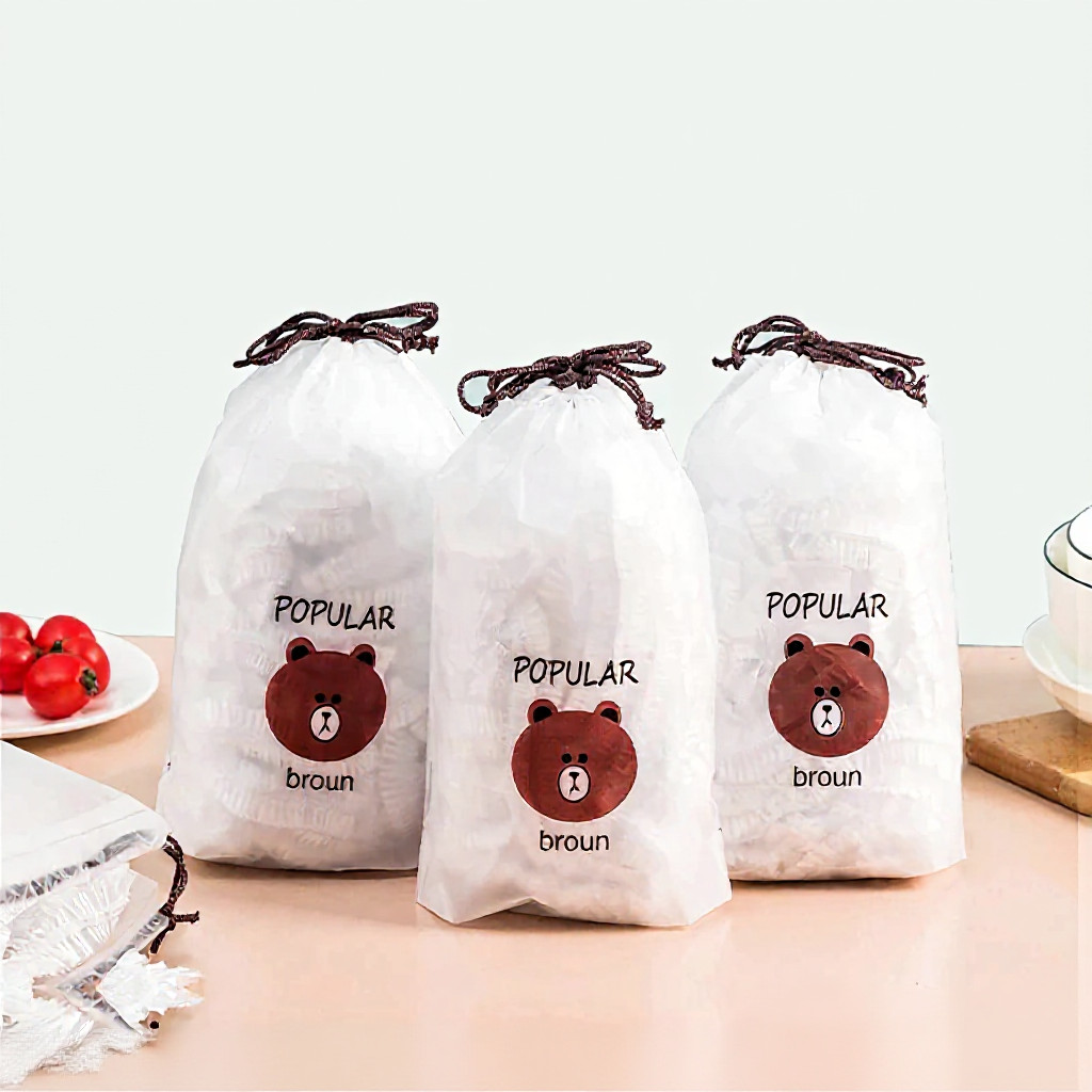 Combo 10 túi Màng bọc thực phẩm co giãn siêu dai có chun kèm túi gấu chất liệu PE- Mũ chùm đầu dùng 1 lần tiện lợi