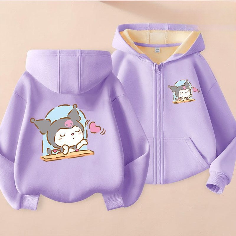 Kuromi Trẻ Em Zip Áo Khoác Lông Cừu Ấm Áp Lót Mềm Mại Hoạt Hình Có Mũ Trùm Đầu Áo Khoác Ngoài Thoải Mái Cho Bé Gái