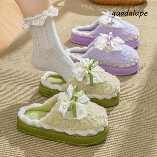 GUADALUPE1 Dép nơ sang trọng, Dép ấm áp dày chống trượt nơ ren, Dép xỏ ngón gia đình đế dày ngọt ngào dễ thương dành cho nữ