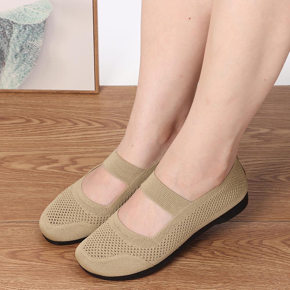 Giày nữ OUSXA đế bằng, mũi vuông thoáng khí, đế mềm lưới mùa hè, slip-on lười cho mẹ, phong cách thường ngày