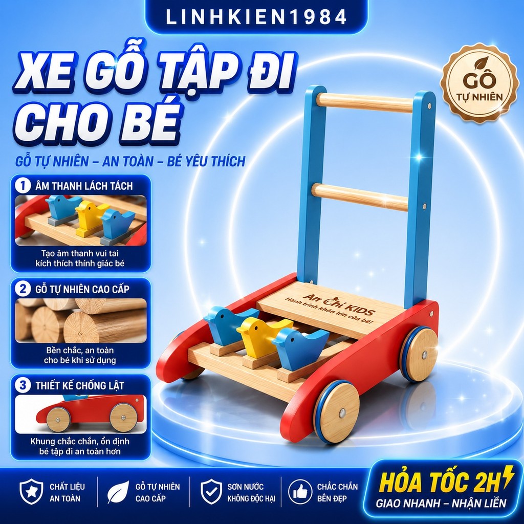 Hình ảnh thực tế Xe Tập Đi Bằng Gỗ Cho Bé Có Vòng Cao Su Chống Trượt. Đồ Chơi Trẻ Em Thông Minh chính hãng trên Shopee