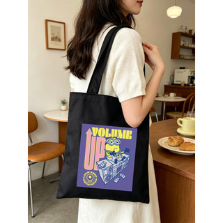 Túi tote đen in Minions phong cách graffiti, đeo vai dung tích lớn, đi học, mua sắm tái sử dụng, nhiều lựa chọn