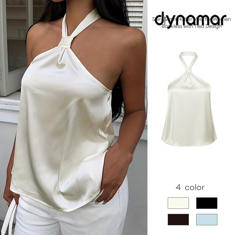 【dynamar】Áo vest gợi cảm chất liệu satin kiểu yếm dành cho nữ hở lưng buộc dây sành điệu thời trang