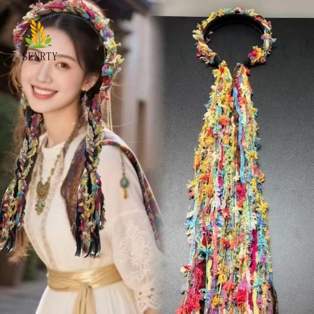 SENRTY Băng Đô Quấn Tóc Tây Tạng Trung Quốc, Vòng Tóc Dân Tộc Tua Rua Dài Phong Cách Boho, Retro 55CM Dệt Nhiều Màu Sắc Ruy Băng Bím Tóc Phong Cách Boho