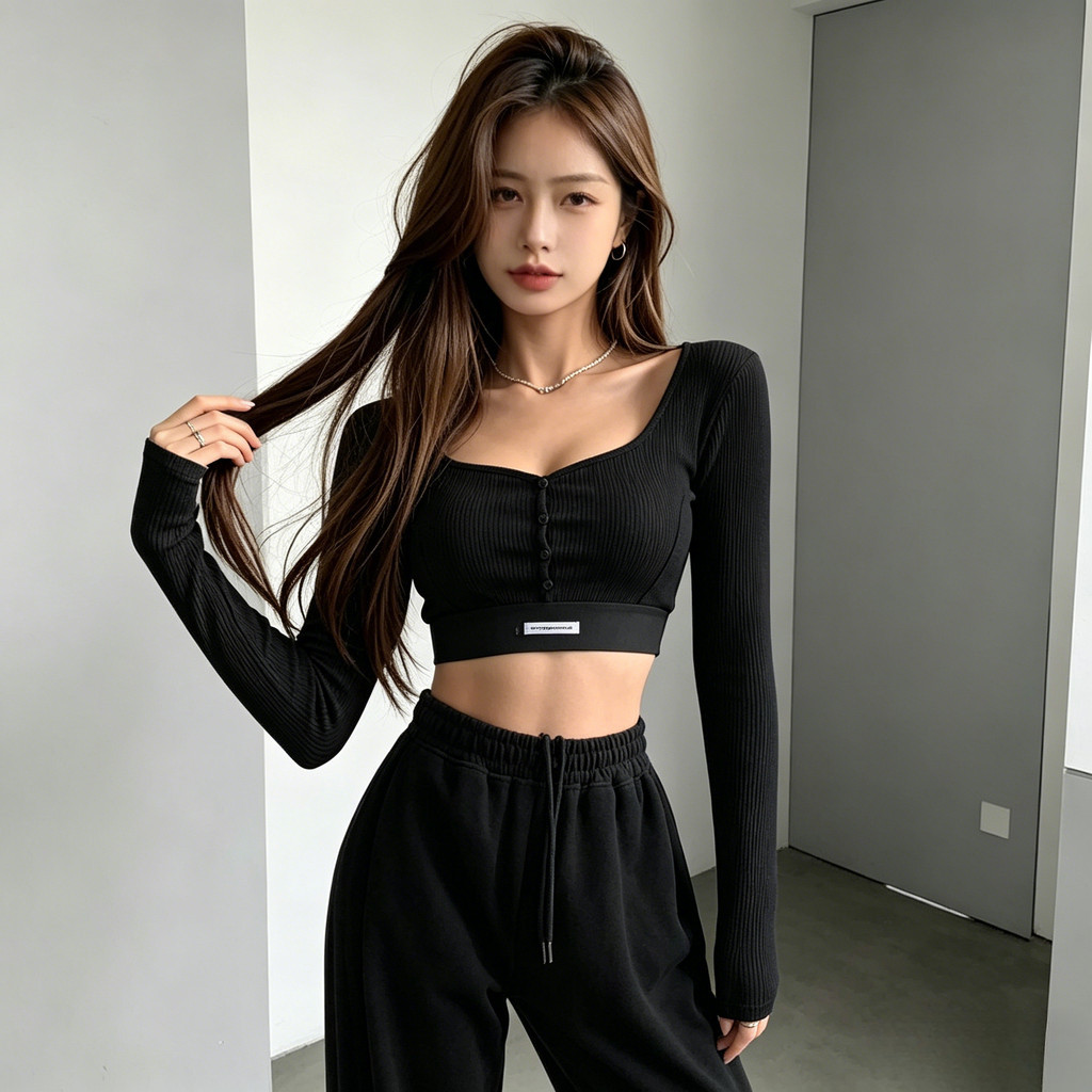 Milyfahion Màu Sắc Tương Phản Chắp Vá Webbing Ngắn Top Slim-fit Cổ Vuông Cắt Thấp T Áo Phông Cho Bé Dài Tay