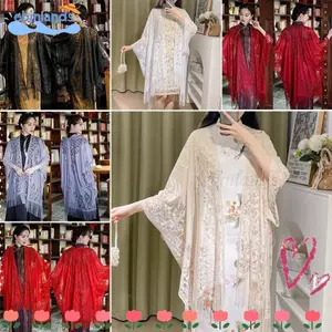 Áo len Cardigan tính khí EBINLANDS, Tấm che nắng Khăn choàng vải tuyn sườn xám phong cách cổ xưa, thời trang ren mỏng tua rua chống nắng Áo len Kimono cho mùa xuân hè