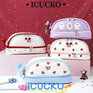 ICUCKO Túi Đựng Bút Dễ Thương, Gấu Dâu Bút Chì, Văn Phòng Phẩm Di Động Smile Cherry Da PU Hai Lớp Bút Túi Cô Gái