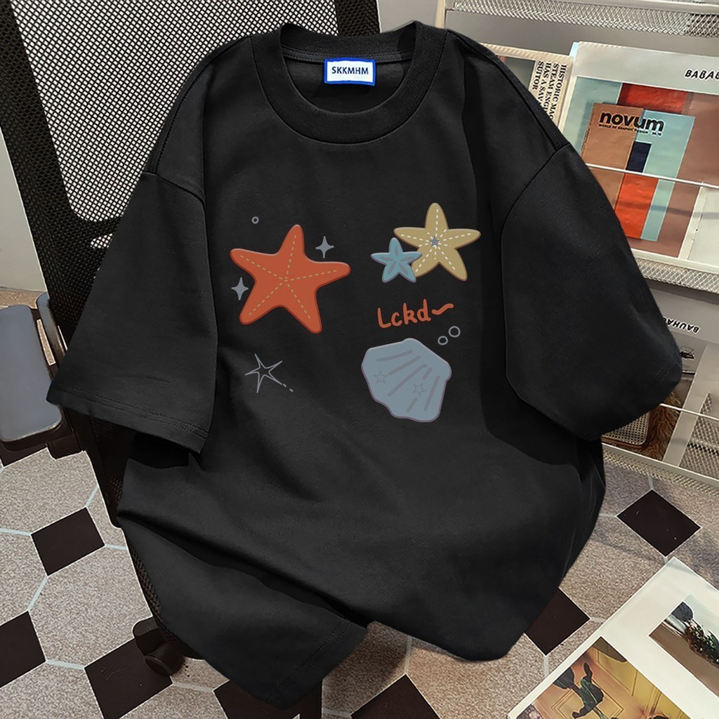 （Giao hàng 24h）Angela Áo phông nam nữ xám ghi form rộng In hình sao biển áo thun mùa hè hàn quốc Local Brand