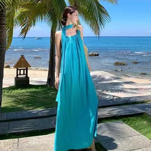 Đầm cát đi biển phong cách kỳ nghỉ bãi biển dáng rộng lưng không dây váy