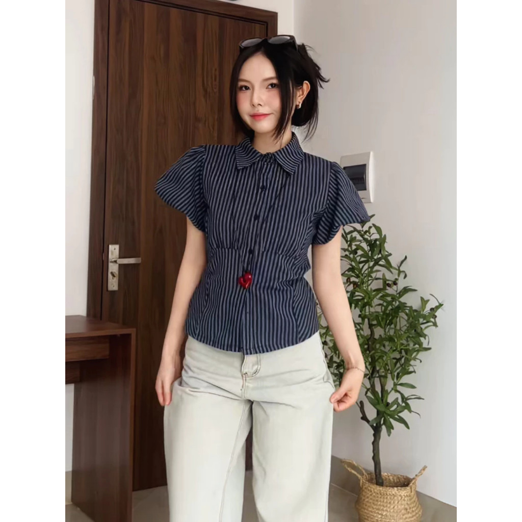Áo Sơ Mi Kẻ Sọc 📷 𝐁𝐲 𝐒𝐡𝐞𝐭𝐢𝐬 Kiểu tay Bồng Phối Dây Buộc Chiết Eo, Sơ Mi Nữ Kẻ Kiểu Vintage_A532,A604
