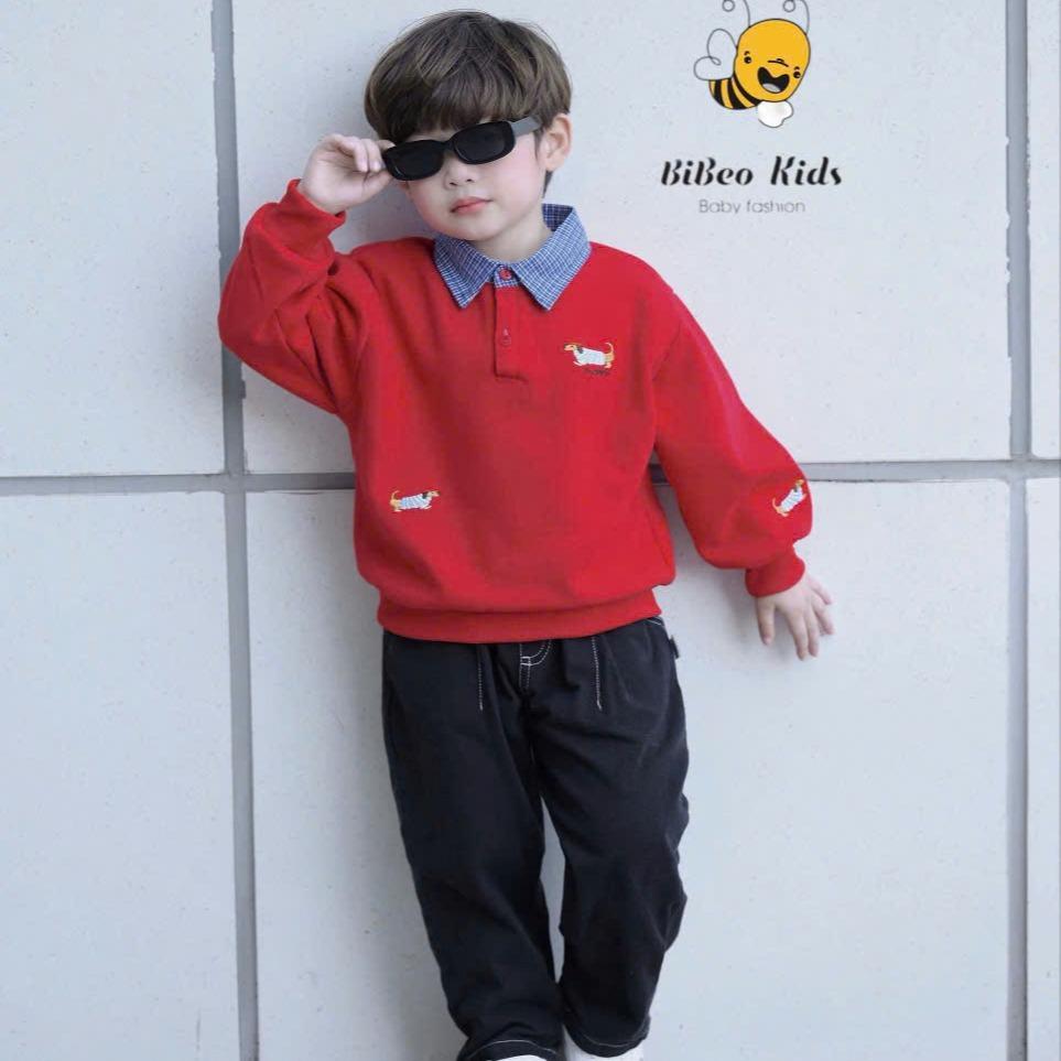 [BiBeo Kids] Bộ Quần Áo Nỉ Bé Trai Phối Áo Đỏ Cổ Sơ Mi Xanh Quần Giả Bò Đen – Set Dài Tay Thời Trang, Lịch Sự, Năng Động