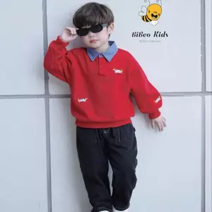 Bộ Quần Áo Nỉ Bé Trai Phối Áo Đỏ Cổ Sơ Mi Xanh Quần Giả Bò Đen – Set Dài Tay Thời Trang, Lịch Sự, Năng Động